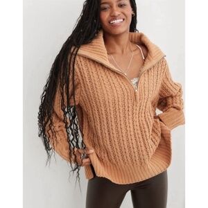 Aerie Cable Car Quarter Zip Chenille Chunky Knit Sweater Large